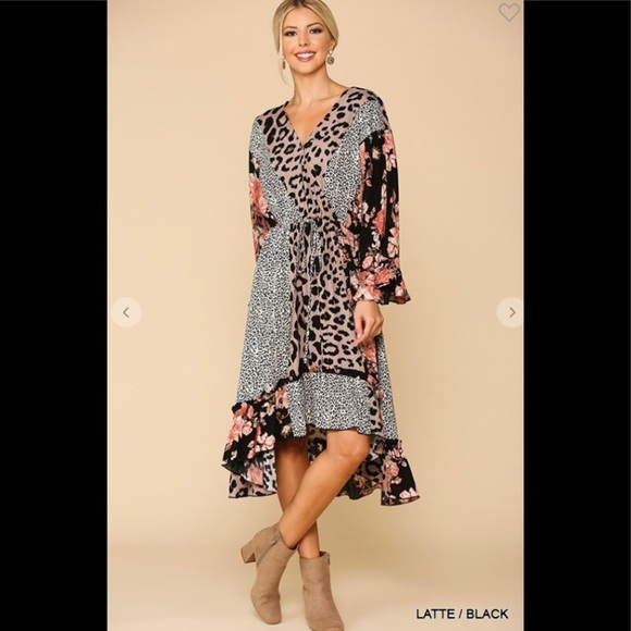Dresses & Skirts - Leopard floral mixed print hi low dress with waist tie.